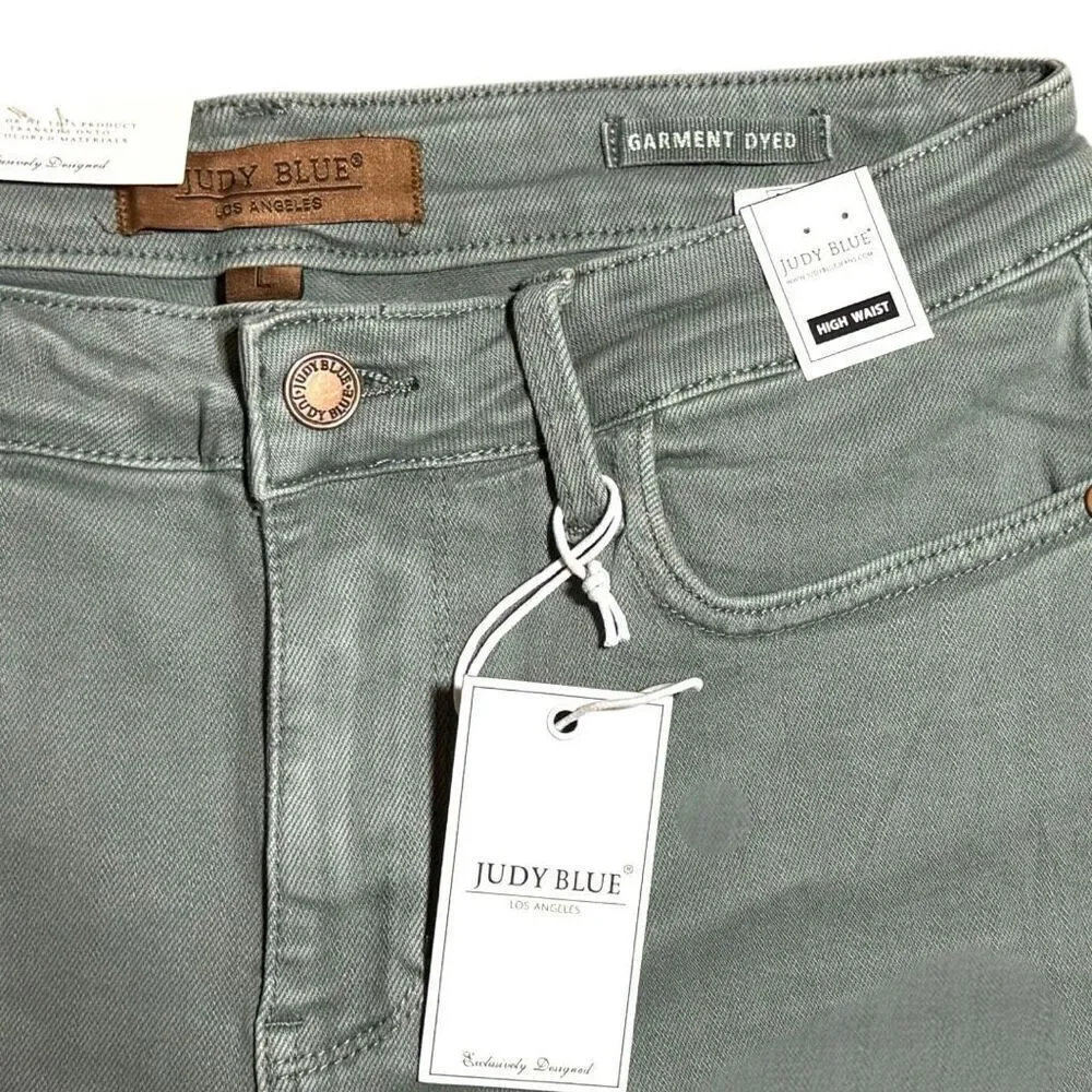 Judy Blue High Rise Stretch Denim Garment Dyed Shorts - Sage Green Large NWT